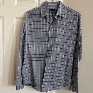 BOSS Gray Dress Shirt with Blue Windowpane Plaid